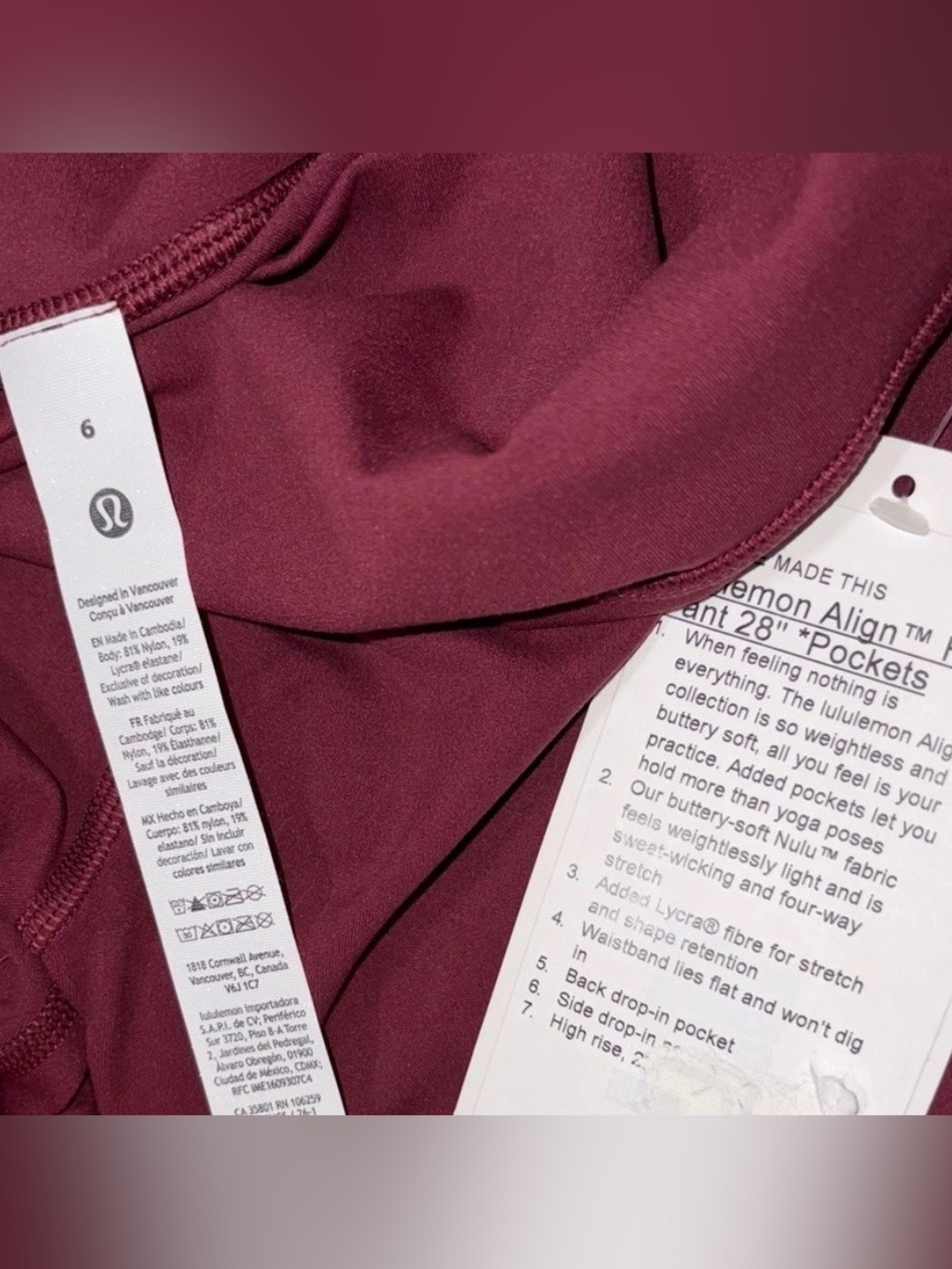 NWT*LULULEMON*SIZE 6*ALIGN HIGH RISE 25” PANT*POCKETS*AUTHENTIC*BURGUNDY BAY - Picture 6 of 16